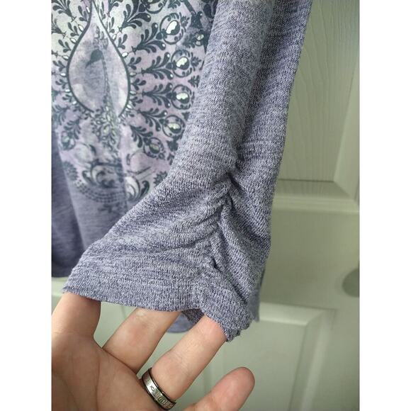 Est. 1946 Woman M Purple Peacock 3/4 Sleeve Pullover Tee Curved Hem - Picture 4 of 9